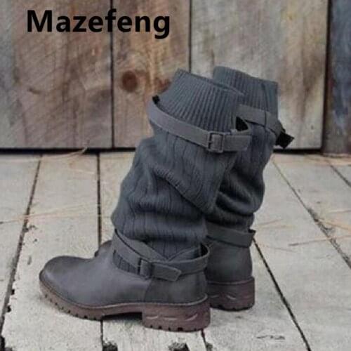 Women Leather Mid Calf Boots Casual Slip on Autumn Winter Wedge Long Boots Fashion Pleated Round Toe Black High Boots Female
