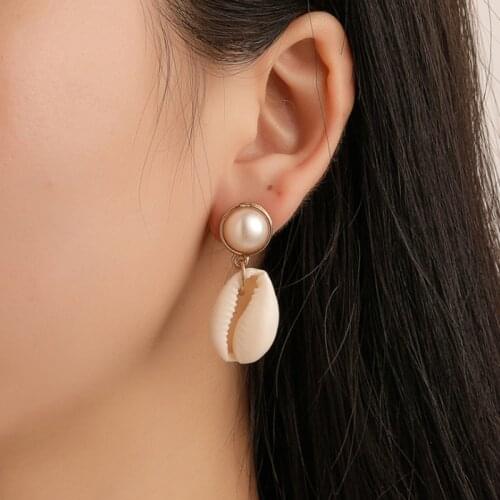 Kymyad Bohemian Drop Earrings For Women Imitation Pearl Earings Fashion Jewelry Natural Shell Dangle Statement Earrings Ethic