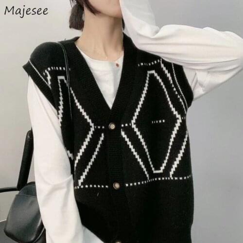 Sweater Vest Women Argyle Single Breasted Ins Jumpers Womens Sleeveless Fashion Leisure Loose Daily All-match Sweaters Ladies