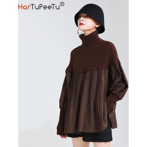 Turtleneck Sweater Women Puff Sleeve Patchwork Pleated Plus Size Pullover Tops a Line Brown Black Streetwear Autumn Winter 2020