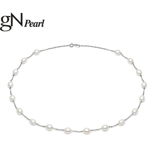 GN Pearl Drop Pearl Choker Necklace 6-7mm Natural Freshwater Oval Pearls Chain gNPearl Fine Jewerly for Women Girls Gift