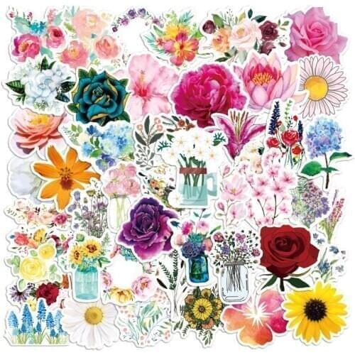 2020 New Design 50 Pieces/lot High Quality PVC Fashion Rose Sunflower Daisy Adhesive Mobile Phone Laptop Decoration Stickers