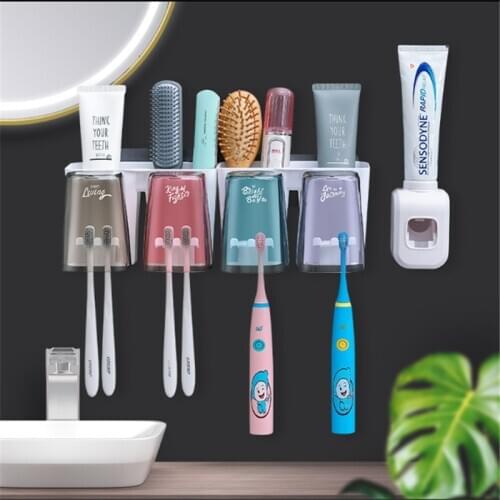 Automatic Toothpaste Dispenser Wall Mount Dust-Proof Toothbrush Holder Punch-Free Suspension Bathroom Storage Box Mouth Cup Suit