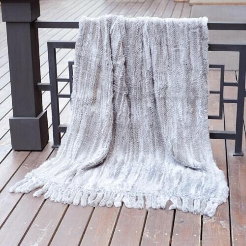CX-D-20G High Quality Hot Sale Handknitted Rabbit Fur Bedding Set with Fringes