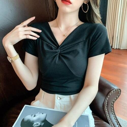 T-shirt Short Sleeves New Korean Skinny Pure Cotton T-shirts Girls Ladies Sexy Top Basic Shirts Tee V-neck T-shirt