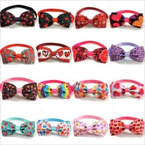 50pic/set 16 color pet Valentines Day bow tie heart pattern cat dog collar accessory colors randomly sent