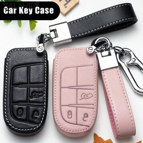Leather Car Key Cover Protection For Jeep Renegade 2014 2015 Grand Cherokee Chrysler 300C Key Cases Covers Interior Accessories
