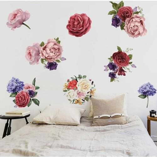 Colorful Peony Hand-painted Wall Stickers for Bedroom Bedside Living Room Background Wall Warm Romantic Diy Decoration Paste