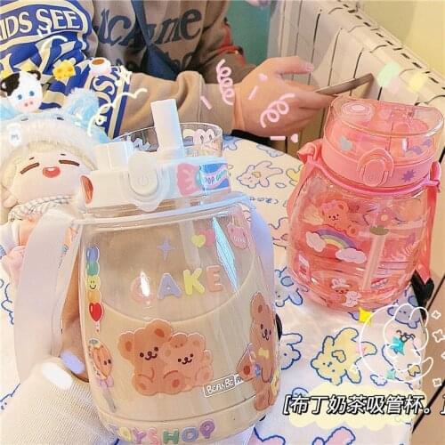 Cool Plastic Straw Water Cup with Graduated Campus Handy Sports Cup Cute Lock Buckle Sen-type Straw Water Cup Kawaii Cup