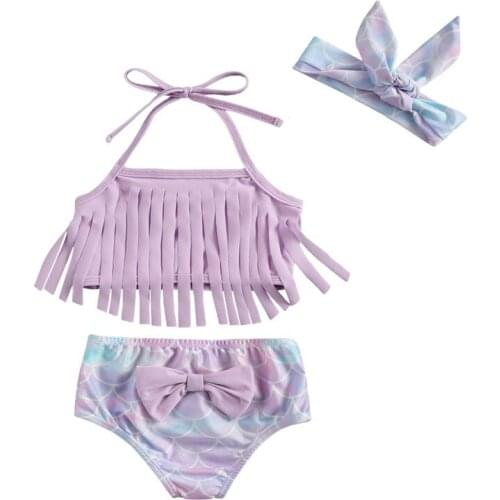 Summer Baby Girl Swimsuit Sling Sleeveless Tassels Split Hem Tops Fast Dry Cartoon Printed Shorts Beach Clothes Bathing Suits