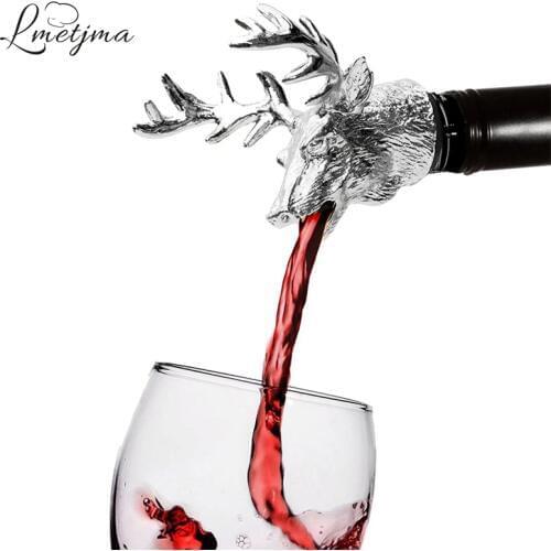 LMETJMA Stainless Steel Deer Stag Head Wine Pourer Unique Wine Bottle Stoppers Wine Aerators Bar Tools KC0818-1