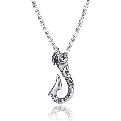 Fashion Mens Necklaces Jewelry Vintage Viking Stainless Steel Fish Hook Shape Pendant Necklace Punk Hip Hop Accessories SP0872