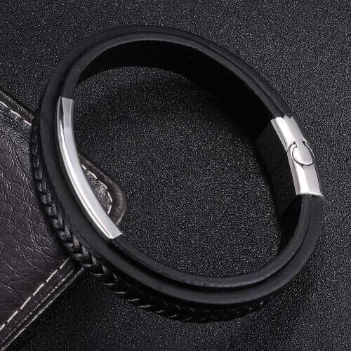 Fashion Black Leather Bracelet Men Stainless Steel Magnetic Clasp Multilayer Women Bangles Jewelry Gifts