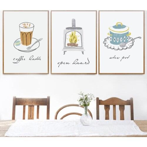 Watercolor Cat Cup Book Stove Pot Pillow Wall Art Canvas Painting Nordic Poster And Prints Wall Pictures For Living Room Decor