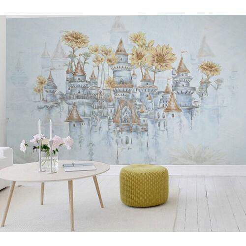 Bacaz 3D Flower Wall Murals Wallpaper Art Living Room Bedroom Oil Painting Wall paper Hand-painted Castle sticker mural Decor