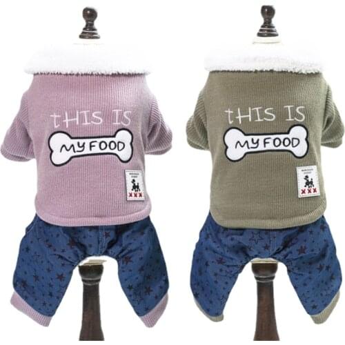 Dog Clothes for Small Dogs Four-Legged Quilted Cotton Cloth,Autumn and Winter Comfortable Warm Embroidered Bones Dog Clothes