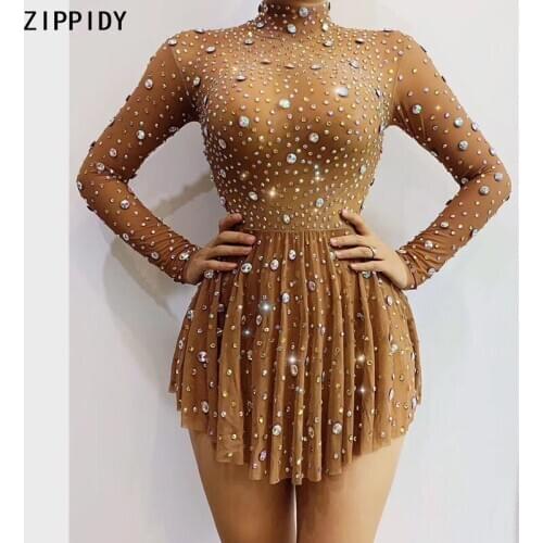 Nude Black Rhinestones Transparent Short Dress Women Dancer Show High Collar Outfit Prom Birthday Celebrate Dress