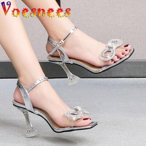 Voesnees 2021 Summer New Women Diamond Bow With Crystal Embellished Transparent PVC High Heels Shoes 9CM Net Red Crystal Sandals
