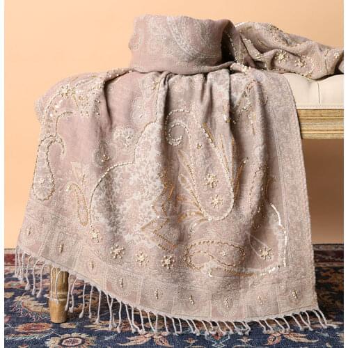 High-grade 100% Merino Wool Scarf Women Stole Pashmina Tassels Thickened Warm India Handmade Beaded Shawl Autumn Winter