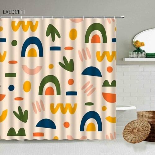 Cartoon Hand Painted Pattern Shower Curtain Stripe Geometric Plant Creative Child Bathroom Bathtub Waterproof Screen With Hook