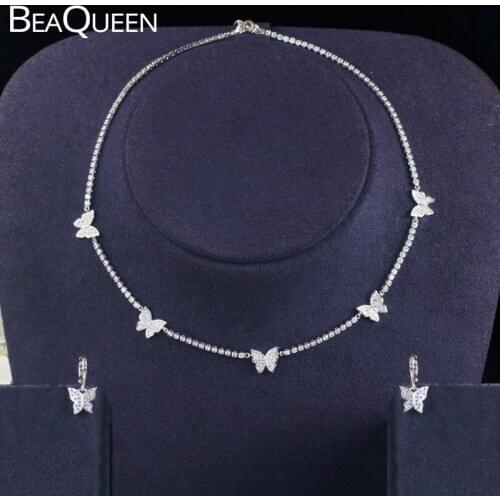 BeaQueen Bohemia Lovely Butterfly Chocker Necklace and Earrings Cubic Zirconia Crystal Women Tennis Chain Jewelry Sets JS265