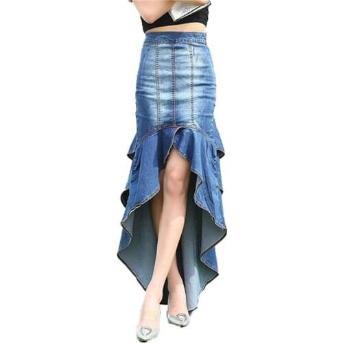 Ladies High Street Irregular Front Short Back Long Mopping Stretch Cake Denim Skirt
