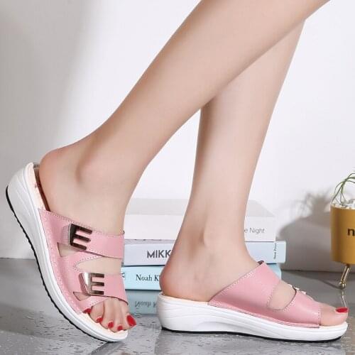 Split Leather Summer Shoes Women Sandals Wedges Women Beach Sandals Shoes Luxury With Buckle Ladies Slipper Heel High 4.5CM