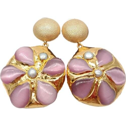2.4'' White Pearl Teardrop Pink Cat Eye pave flower Stud Earrings cute for women