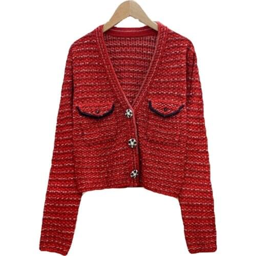 Maisie 2021 Women Cardigan Knitted V-Neck Elegant Long Sleeves Casual Spring Autumn Solid Red High Street Top