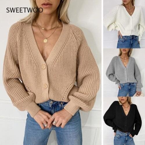 Women Knitted Cardigans Sweater Fashion Autumn Long Sleeve Loose Coat Casual Button Thick V Neck Solid Female Tops 2021
