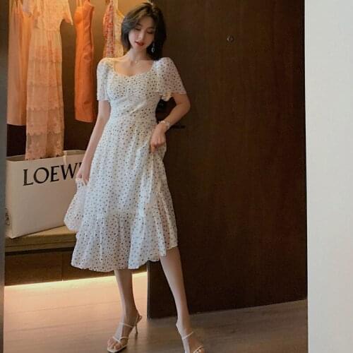 New arrival korean style fashion dress women elegant summer vintage square collar chiffon dress temperament dot beach dress