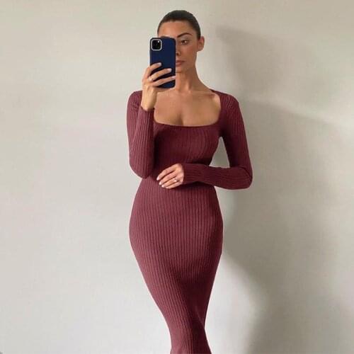 2021 Sexy Long Solid High Waist Dress Women Autumn Long Sleeve Bodycon Streetwear Knitted Winter Midi Party Dress For Female
