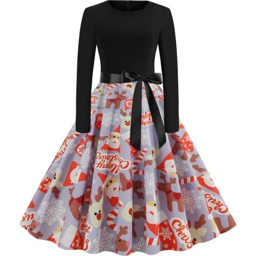 Vintage Fall Dresses For Women 2021 Long Sleeve Christmas Midi Dress 1950s Santa Claus Evening Party Prom Dress Vestidos