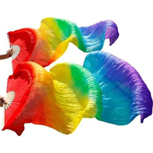 100% Silk Belly Dance Fans Handmade Dyed Dance Fans Left+Right Hand Red+Orange+Yellow+Green+Turquoise+Royal blue+Purple 180x90cm