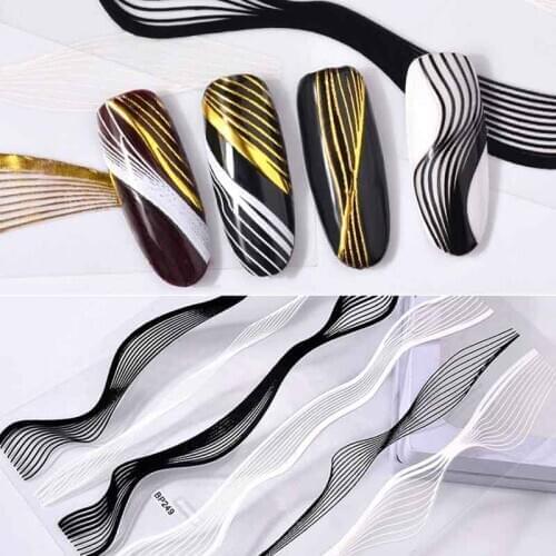 2pcs Black-White gold-silver Waves Stripes Chain French Tip Design Extra-Thin 3D Nail Stickers