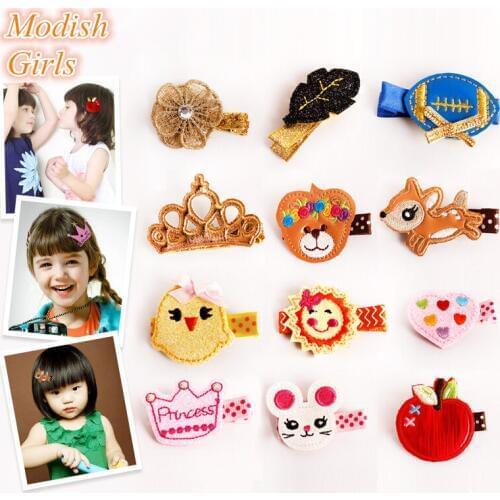 240pcs/lot Wholesale Hair Clips Glitter Crown Animals Butterfly Felt Hairpins Love Heart Owl High Quality Princess Clips