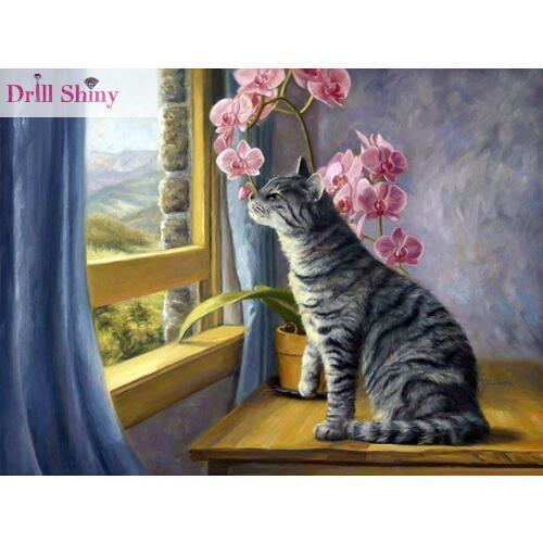 5D DIY Diamond Painting Animal Balcony Cat Ribbon Rhinestone Paintings 3D Crossing Stitch Full Square Mosaic Diamonds Needlework