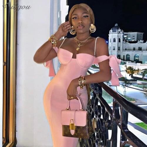 Ailigou Beaded White Strapless Bandage Dress 2021 New Summer Sexy Bandage Dress Bodycon Club Celebrity Party Dress