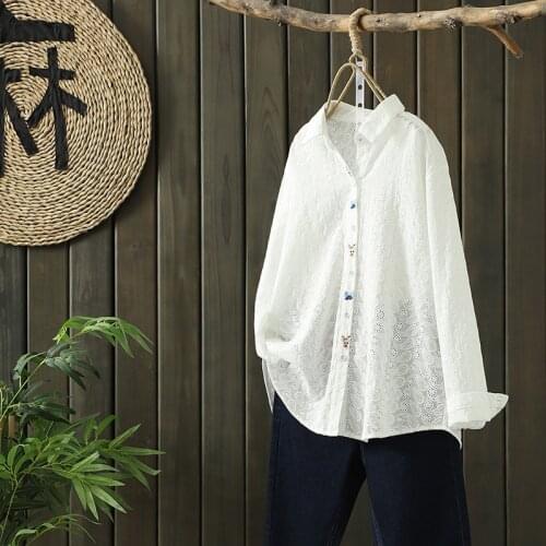 White Elegant Embroidery Hollow Out Shirt For Women Spring Turn Down Collar Kawaii Cute Button Casual Blouses Tops 2021 Blusas