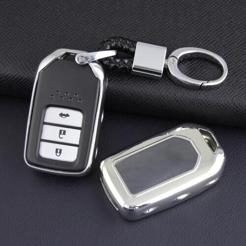 Smart Car Key Cover Fob Chain Case Keychain For Honda Civic Accord CR-V HR-V Fit Jazz Odyssey Pilot Ridgeline Insight Silver