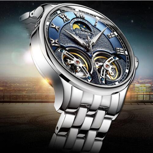 Double Tourbillon Switzerland men Watches BINGER Automatic Watch men Self-Wind Fashion Mechanical Wristwatch Steel clock reloj