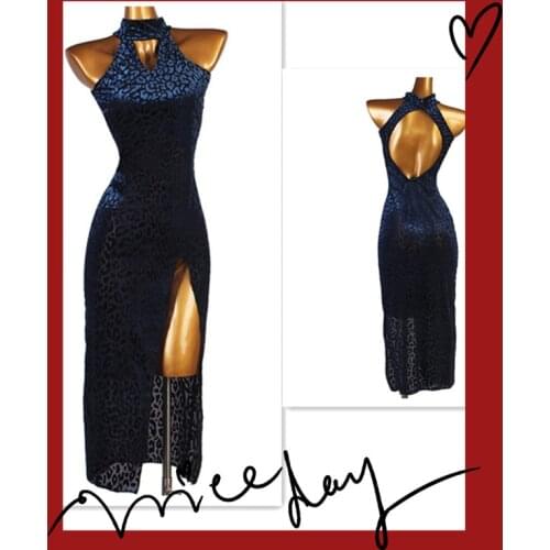 Long blue leopard sexy Women Latin Dance Dress Ladies Dance Dress Flamengo Tango Dress Rumba ChaCha blue Latin Dresses lq227