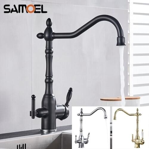 European Style Classic Single-hole Dual Handle 3-way Purified Kitchen Faucet Gold Black Sink Drinking Water Mixer Tap B3410