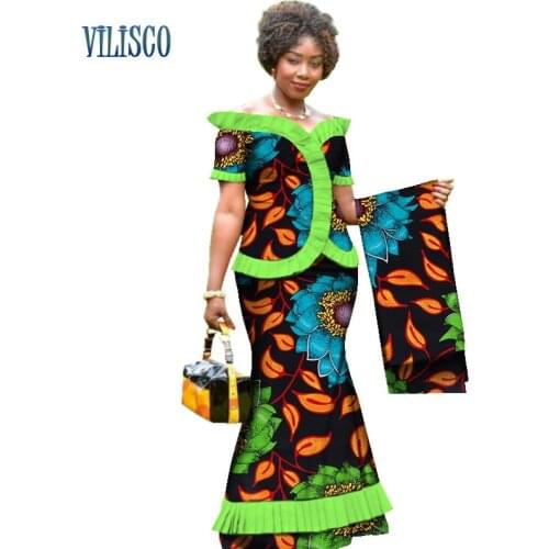 Stock Size M 1pcs African Clothes Draped Tops and Skirt Sets with Head Wrap for Women 2 Piece Skirt Sets Clothing WY3171