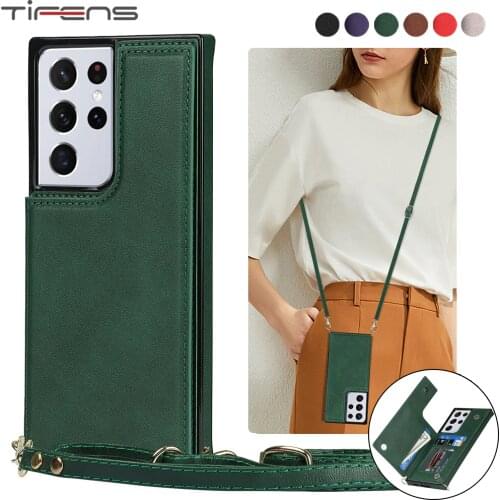Leather Wallet Crossbody Case For Samsung Galaxy S21 S20 FE Note20 Ultra Plus Shoulder Strap Flip Card Holder Phone Bags Cover
