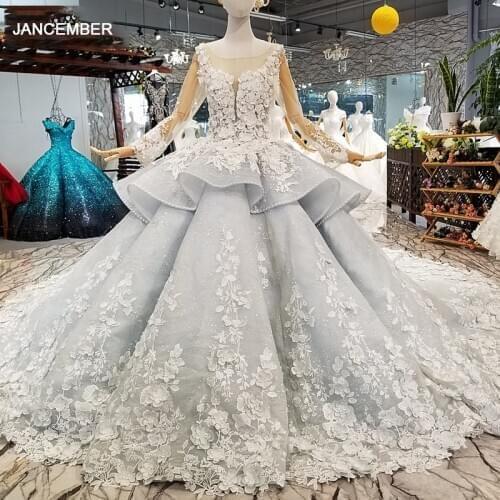 LS017844 Royal Ball Gown Evening Dresses 2021 With 3D Petal Flowers Tulle Long Sleeves O-Neck Beaded Occasion Dress