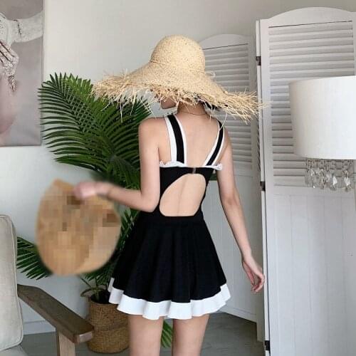Sweet Summer Swimwear Dress 2021 New Halter Collar Hollow Back Super Mini Sexy Skater Beach Dress Two Pieces Set Swim Beach Set