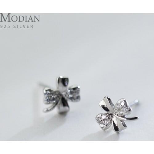 Modian Authentic 925 Sterling Silver Clear CZ Clover Stud Earrings for Women Real Silver Plant Ear Studs Fine Jewelry Brincos