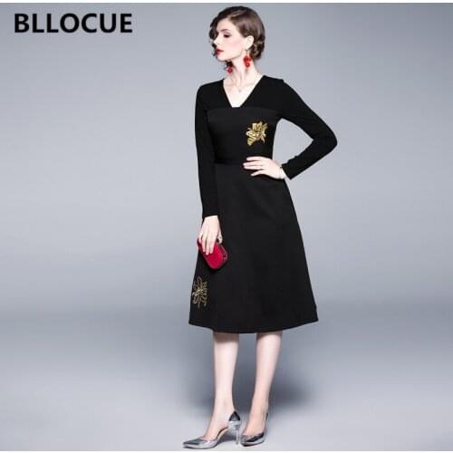 BLLOCUE Fashion Designer Luxury Flower embroidery Dress For Women 2020 Elegant New Long Sleeve Black Party Dresses Vestidos