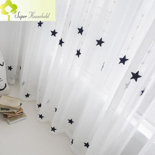 Cartoon Navy/ Pink Embroidered Cotton Star Tulle Curtains for Living Room Childrens Bedroom Window Screen Sheer Yarn Drapes
